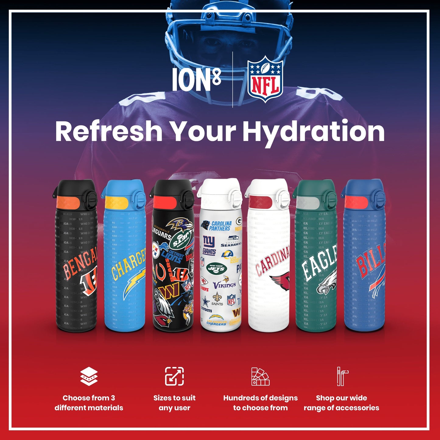 Leak Proof NFL Water Bottle, Stainless Steel, Buffalo Bills, 600ml (20oz)