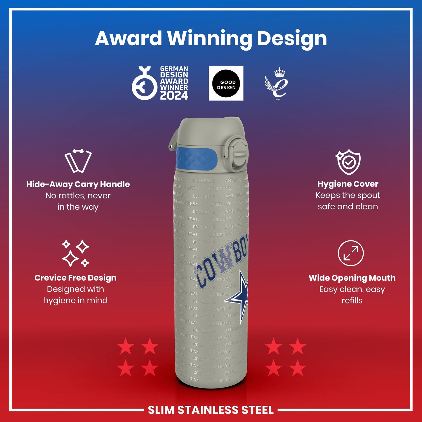 Leak Proof NFL Water Bottle, Stainless Steel, Dallas Cowboys, 600ml (20oz)