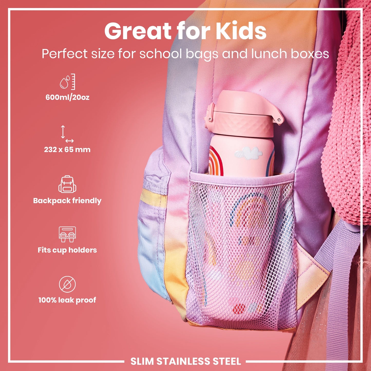 Leak Proof Slim Water Bottle, Stainless Steel, Rainbows, 600ml (20oz)