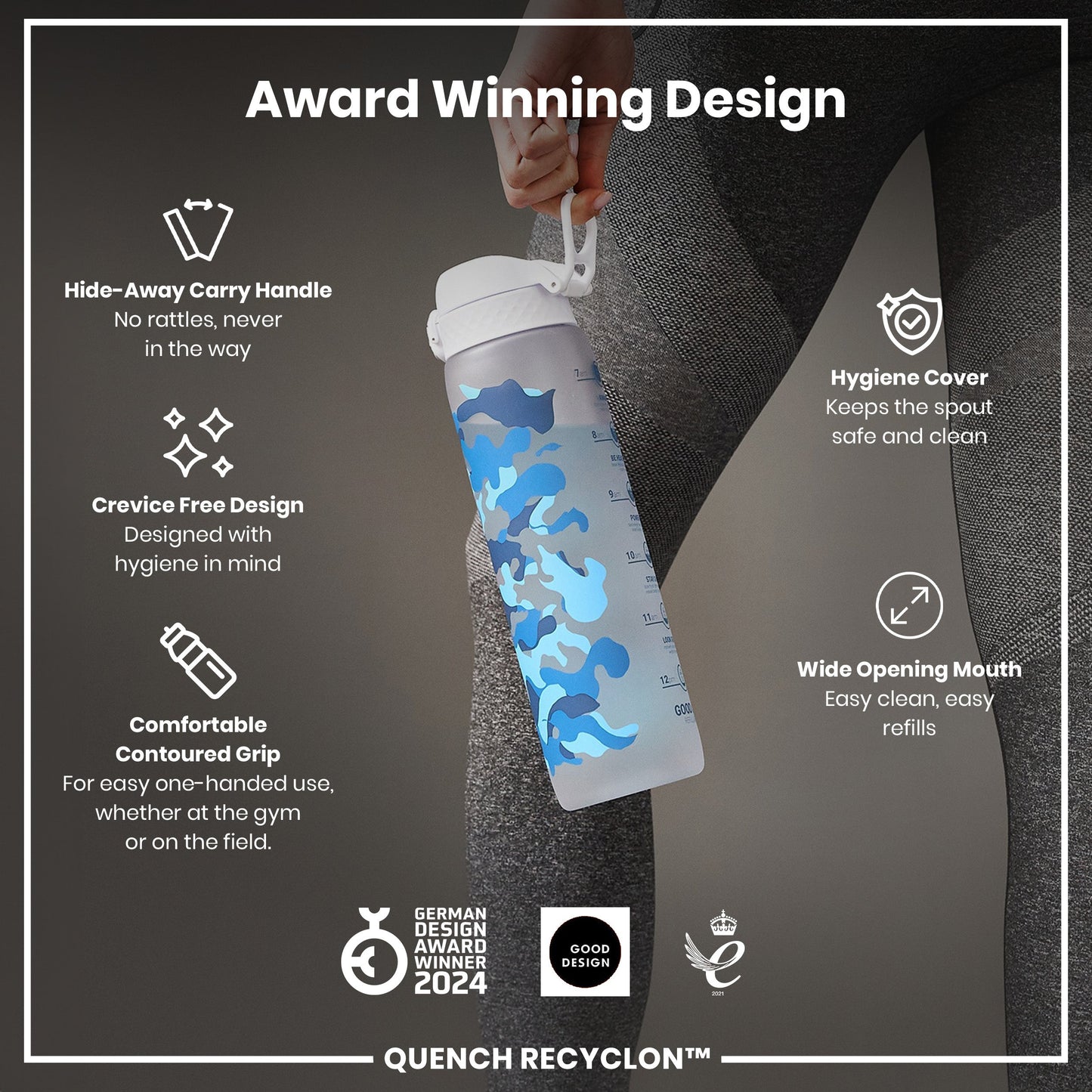 Leak Proof 1 Litre Water Bottle with Times to Drink, Recyclon, Camouflage, 1L