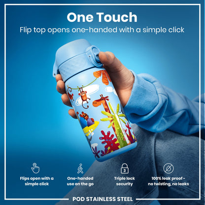 Leak Proof Kids Water Bottle, Stainless Steel, Safari, 400ml (13oz)