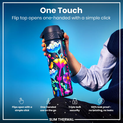 Leak Proof Slim Thermal Water Bottle, Insulated Steel, Bright Floral, 500ml (17oz)