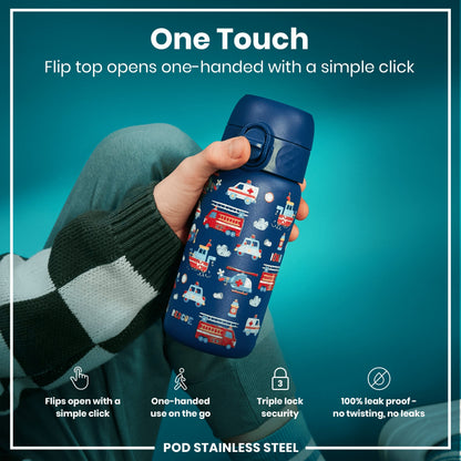 Leak Proof Kids Water Bottle, Stainless Steel, Rescue Vehicles, 400ml (13oz)