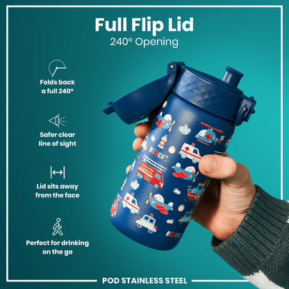 Leak Proof Kids Water Bottle, Stainless Steel, Rescue Vehicles, 400ml (13oz)