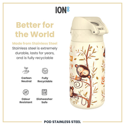 Leak Proof Kids Water Bottle, Stainless Steel, Monkeys, 400ml (13oz)