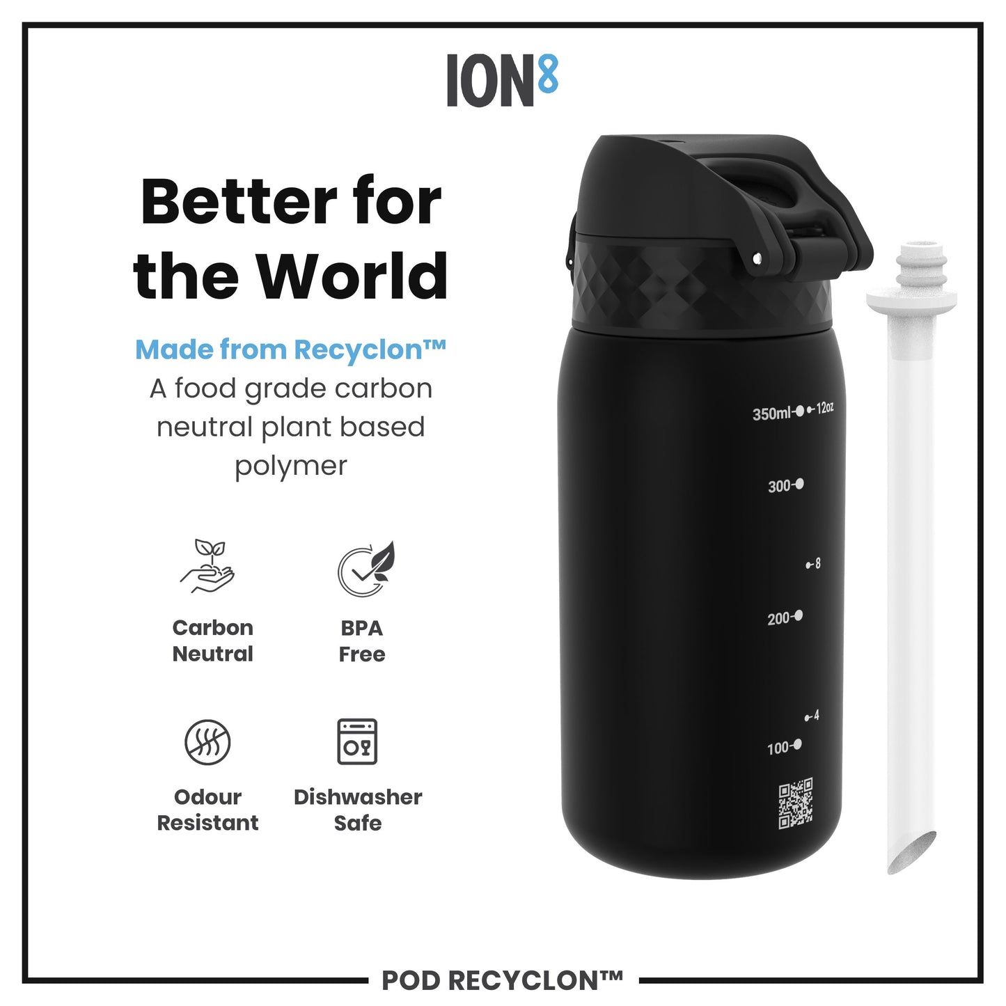 Leak Proof Small Water Bottle With Straw, Recyclon, Black, 350ml (12oz)