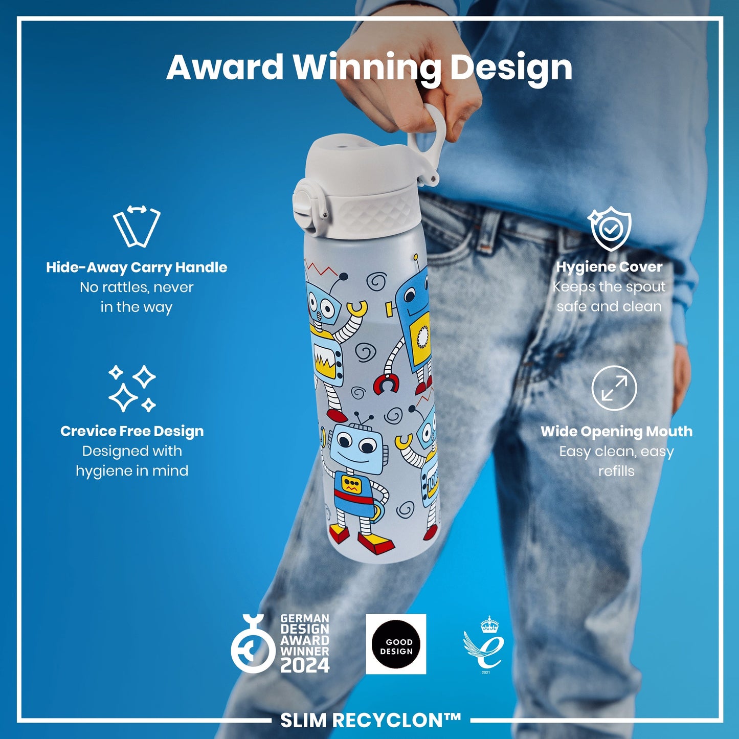 Leak Proof Slim Water Bottle, Recyclon, Robots, 500ml (18oz)