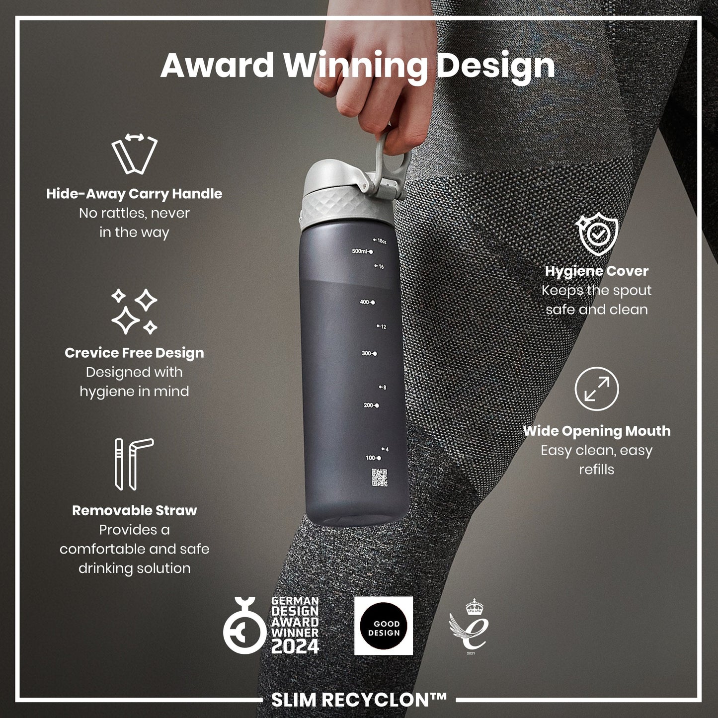 Leak Proof Medium Water Bottle with Straw, Recyclon, Grey, 500ml (18oz)