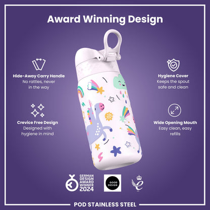 Leak Proof Kids Water Bottle, Stainless Steel, Unicorns, 400ml (13oz)