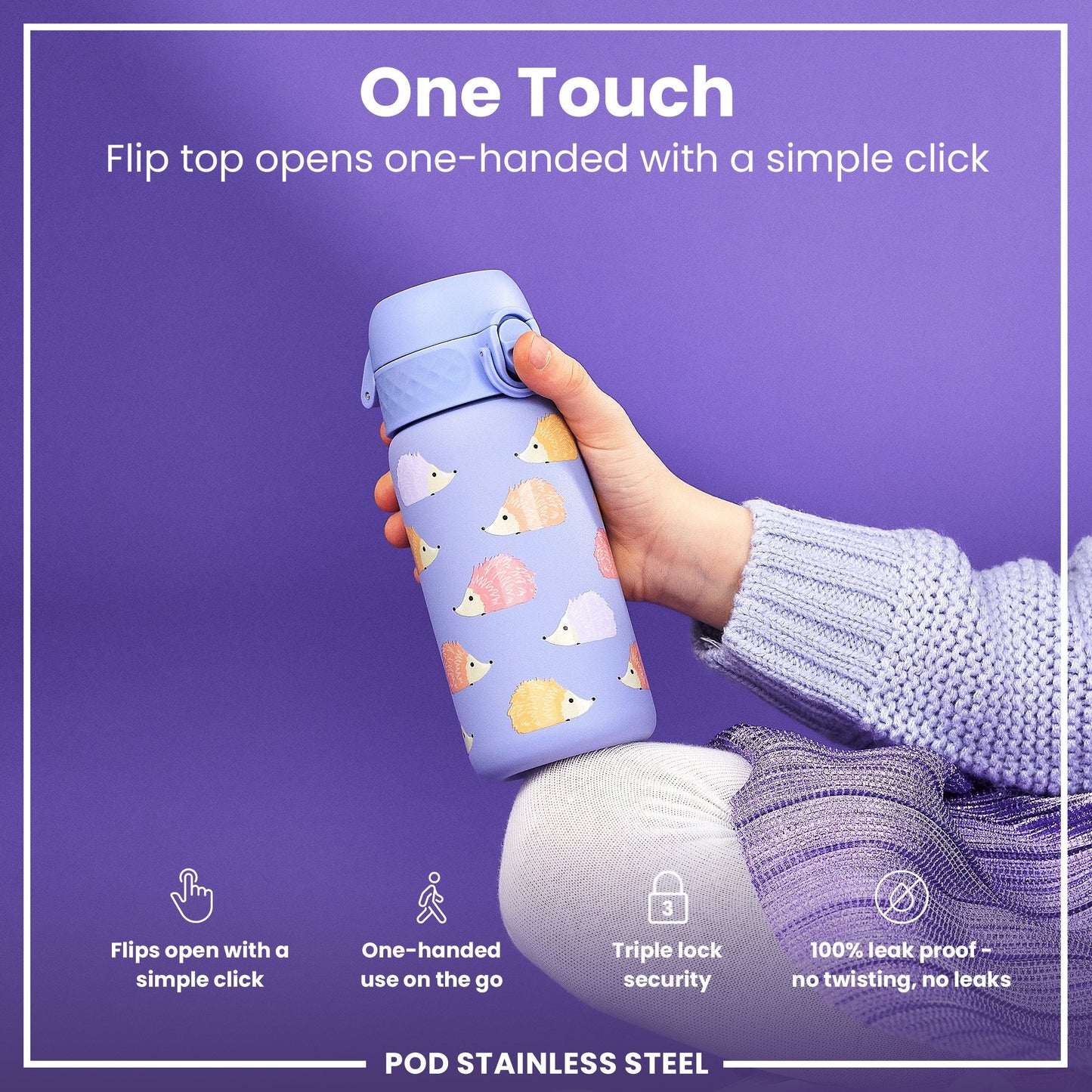 Leak Proof Thermal Steel Water Bottle, Insulated Steel, Hedgehogs, 320ml (11oz)
