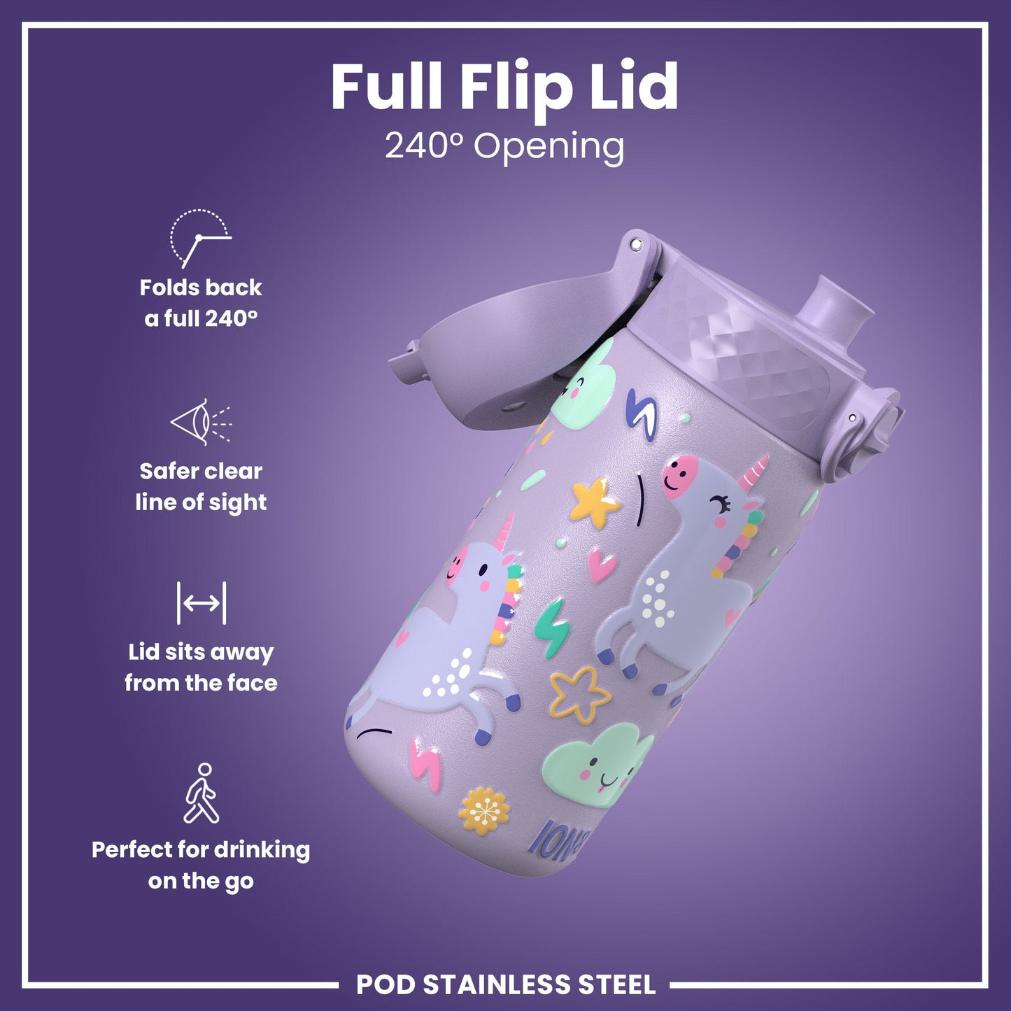 Leak Proof Kids Water Bottle, Stainless Steel, Purple Unicorns, 400ml (13oz)