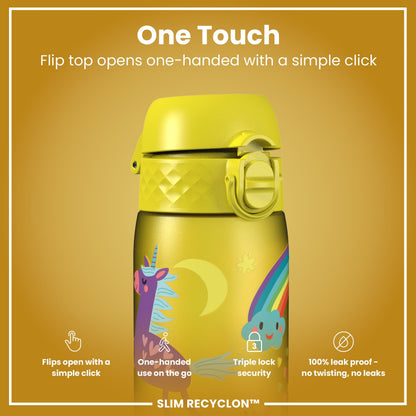 Leak Proof Slim Water Bottle, Recyclon, Yellow Unicorns, 500ml (18oz)