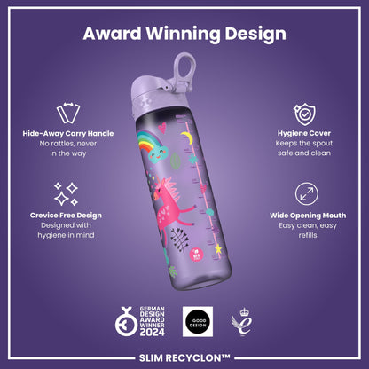 Leak Proof Slim Water Bottle, Recyclon, Purple Unicorns, 500ml (18oz)