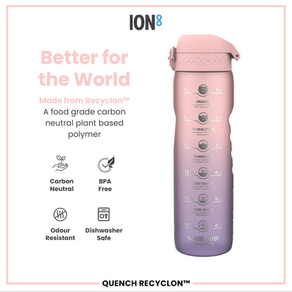 Leak Proof 1 Litre Water Bottle with Times to Drink, Recyclon, Purple & Rose, 1L