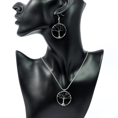 Black Obsidian Tree Of Life Jewellery Set (Necklace & Earrings)