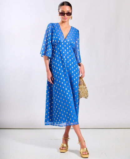 Blue Foil Chiffon Midi Dress