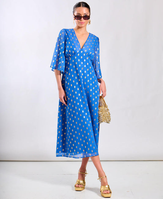 Blue Foil Chiffon Midi Dress