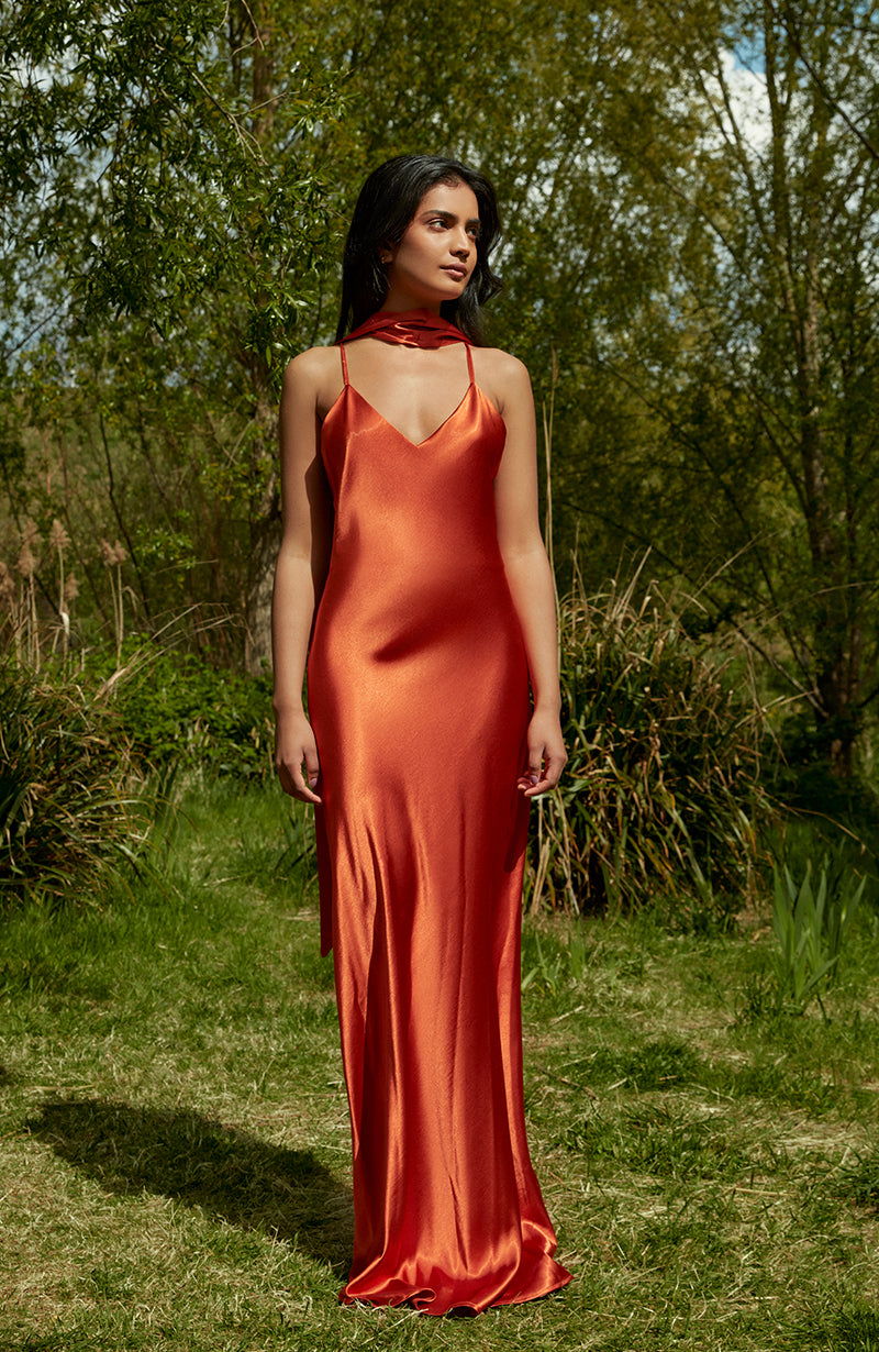Brooklyn Dress in Burnt Orange Satin