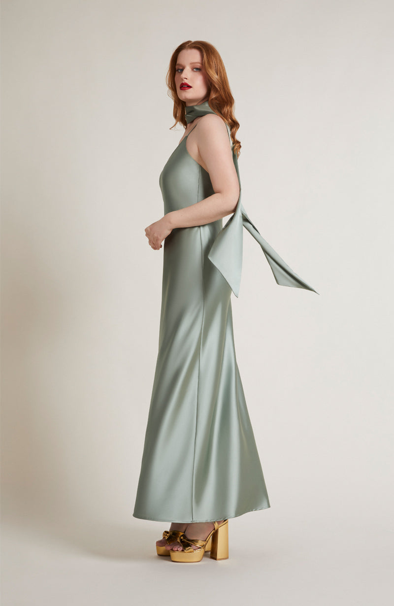 Brooklyn Dress in Sage Green Satin