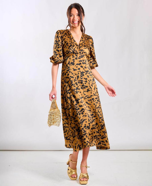 Brown Leopard Satin Midi Dress