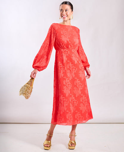 Coral Long Sleeve Jacquard Midi Dress
