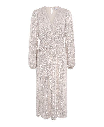 Cream Sequin Wrap Midi Dress