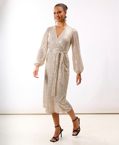 Cream Sequin Wrap Midi Dress