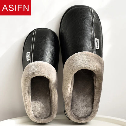 Men's Big Size Winter Slippers Home PU Leather Shoes for Men Indoor Waterproof Fur Cotton Male Bedroom Slipper Flat Houseshoes