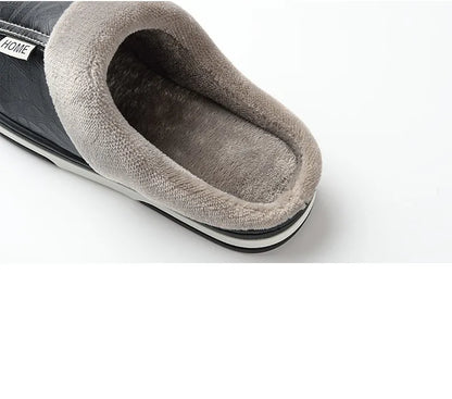 Men's Big Size Winter Slippers Home PU Leather Shoes for Men Indoor Waterproof Fur Cotton Male Bedroom Slipper Flat Houseshoes