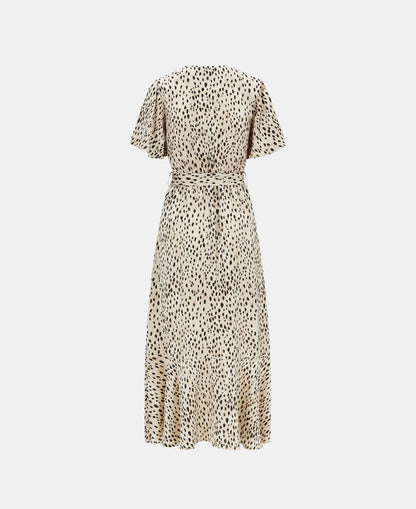 Cream Animal Printed Satin Wrap Midi Dress