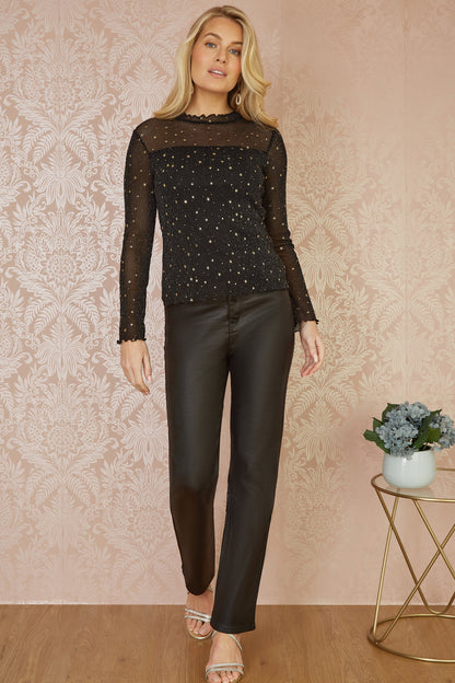 Yumi Black Mesh Star Print Long Sleeve Top