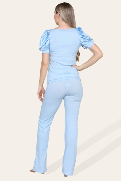 Silky Satin Puff Sleeves Ribbed Lounge Set