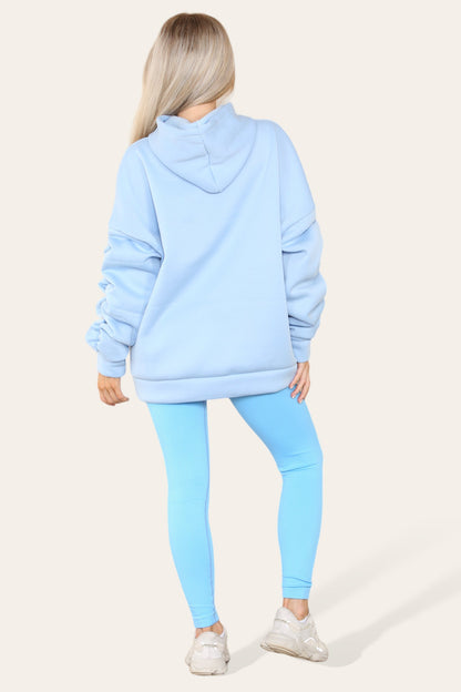 Oversized Ruched Sleeves Hoodie With Satin Ribbon with High Waist High Rise Seamless Ribbed Legging Set