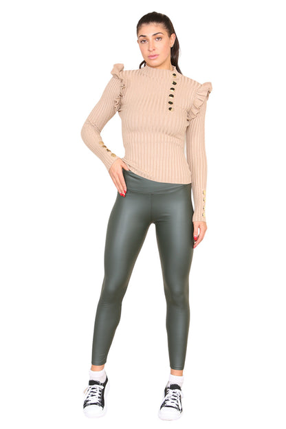 Ribbed Knit Gold Button Detail Jumper with Frill