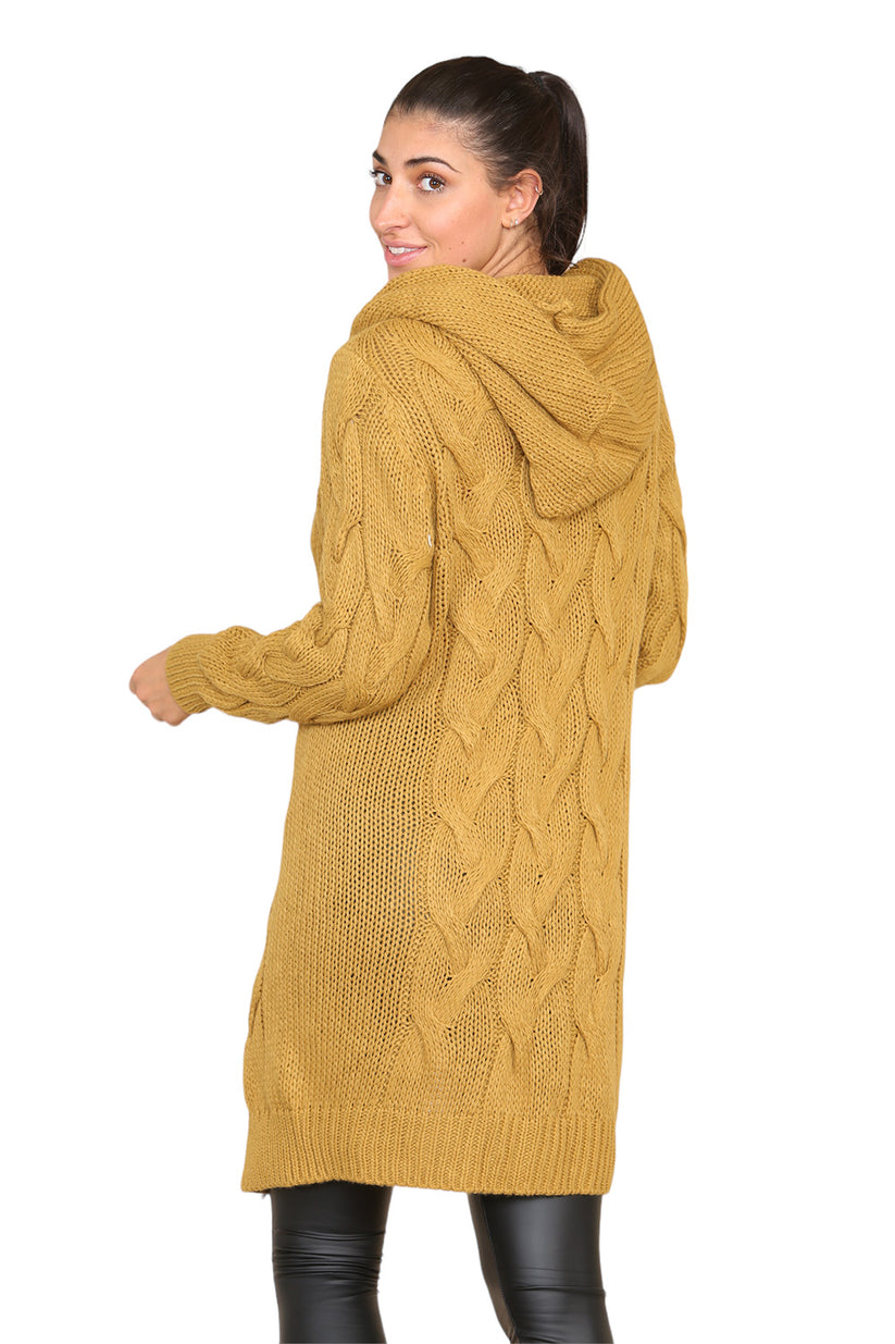 Knitted Cables Hooded Long Over Sized Cardigan