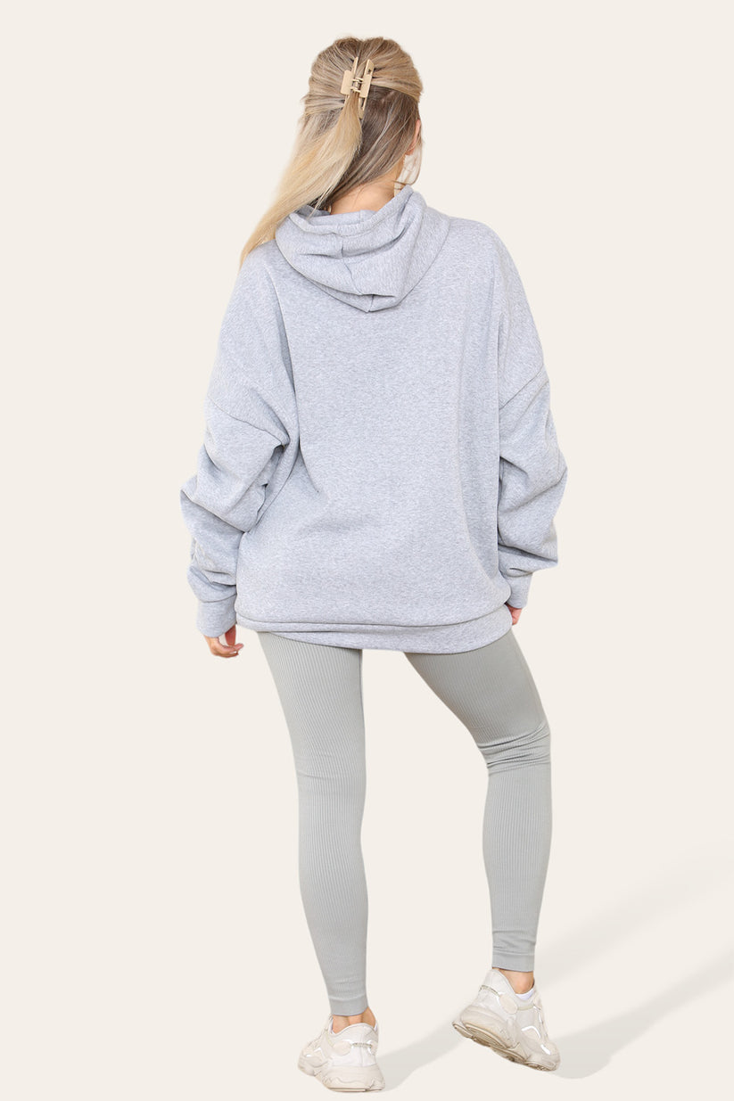 Plus Size Ruched Sleeves Hoodie With Satin Ribbon