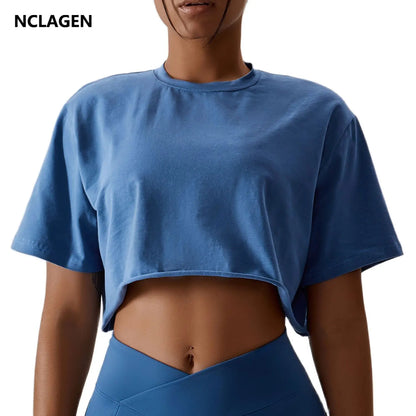 Casual T-Shirt Cotton Women Short Sleeve Dance Sports Running Clothes Yoga Fitness Crop Top Loose Gym Workout Shirts