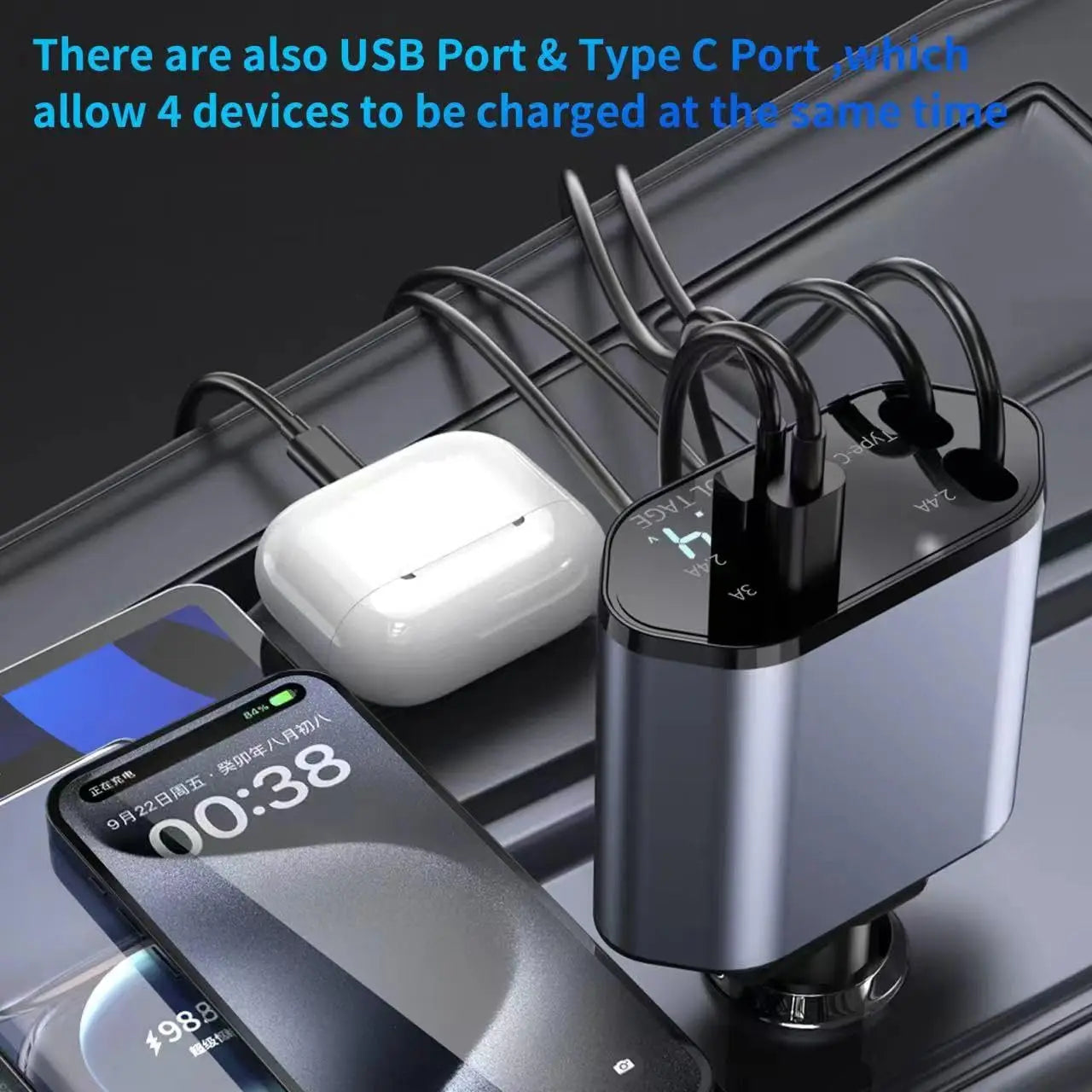 Retractable Car Charger, 4 in 1 Fast Car Phone Charger with Cord 2.6ft, Retractable Cable and 2 USB Ports Car Charger Adapt