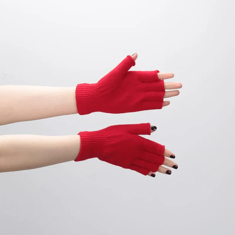 1pair Black Short Half Finger Fingerless Knit Wrist Glove Winter Warm Stretch Work Gloves for Women and Men Cycling Accessories