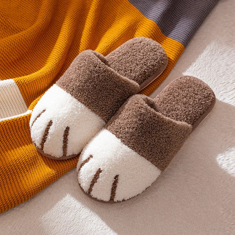 Shevalues Indoor Warm Plush Slippers For Women Men Cute Cat Paw Design House Fur Slippers Mute Flats Slides Indoor Fluffy Shoes