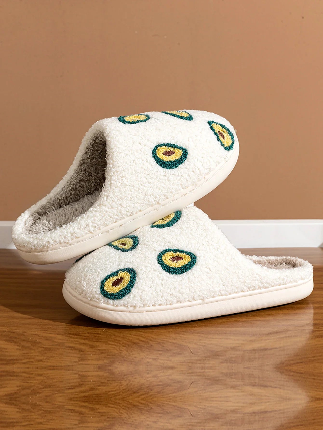 Cute Avocado Women Slippers Winter Warm Indoor Fruit Cartoon Funny Soft Non-slip Slipper Cherry Strawberry Comfy Cotton Shoes