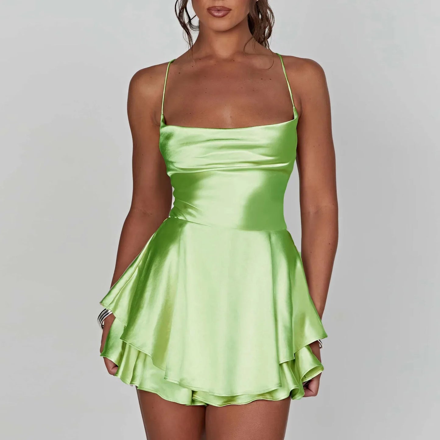 Women Sleeveless Satin Playsuits Fashion Summer Short Sling Backless Jumpsuits Cross Tie-Up Bandage Romper Streetwear Outfit