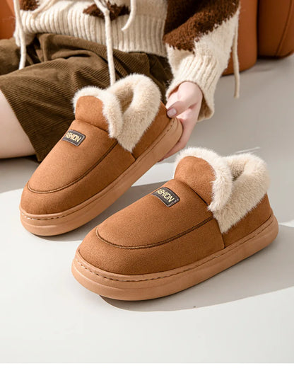 Comwarm Women Cotton Slippers Winter Warm Plush Lined Outdoor Slides Couple Non-slip Furry House Slippers Soft Cozy Cotton Shoes