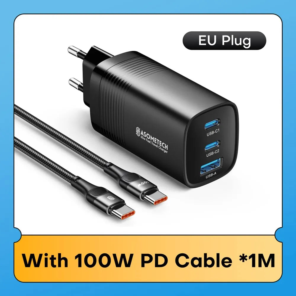 ASOMETECH GaN USB Type C Charger 65W 45W PPS PD QC4.0 Quick Charger For Macbook Laptop IPAD Tablet iPhone 16 Samsung S23 Ultra