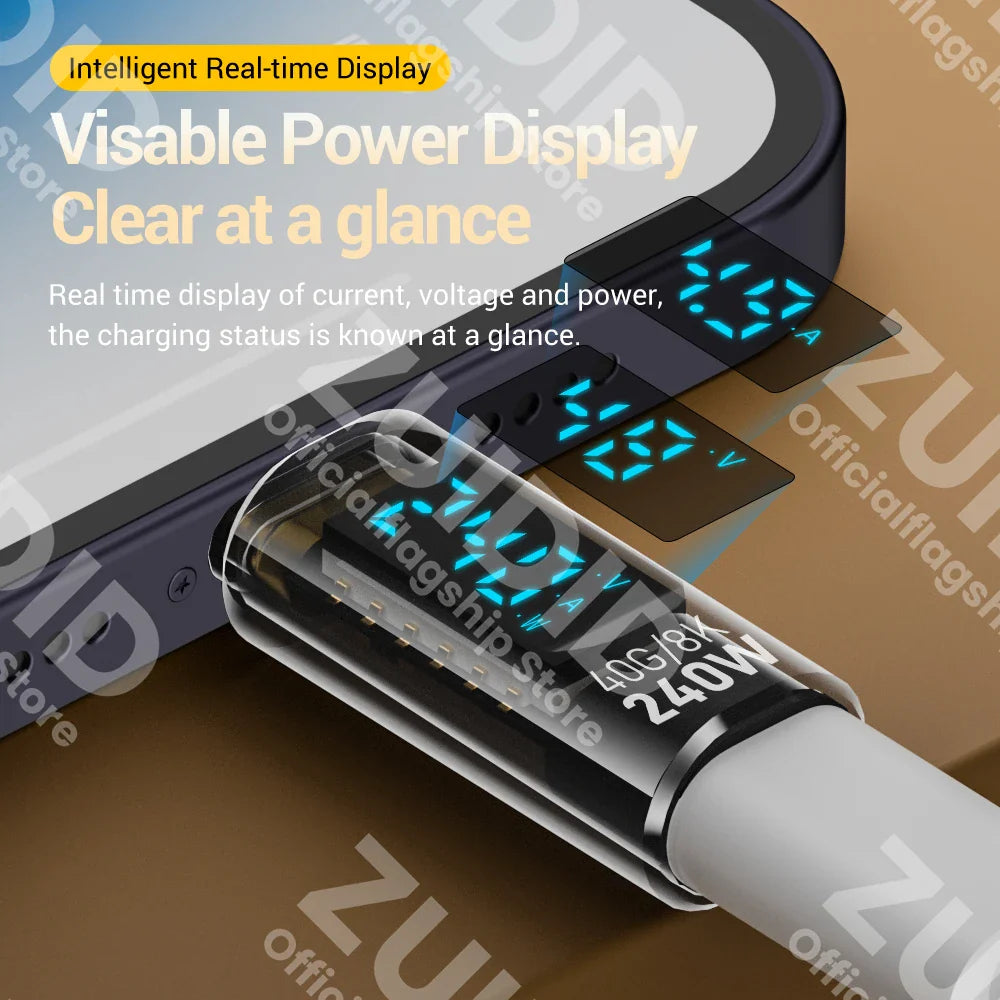 Transparent LED Display PD240W USB4.0 40Gbps Type C to C OTG Adapter 8K@60Hz 5A Fast Charging Cable for iPhone 15 14 MacBook Pro