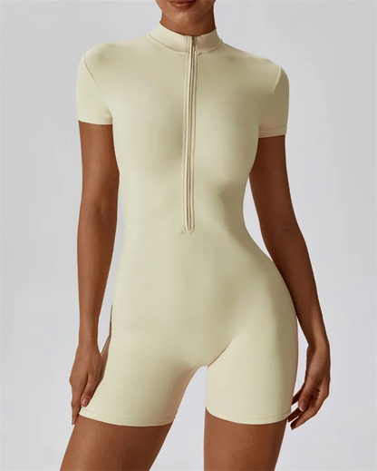 European and American nude one-piece yoga suit with stand up collar, half zipper, short sleeved fitness jumpsuit, tight fitting