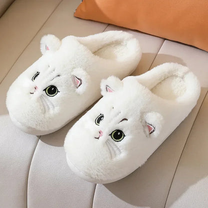 Cute Cat Slippers Fluffy Furry Women Home Platform Slippers Men Winter Plush Slides Indoor Fuzzy Slippers Lovely Cotton Shoes