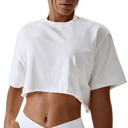Casual T-Shirt Cotton Women Short Sleeve Dance Sports Running Clothes Yoga Fitness Crop Top Loose Gym Workout Shirts