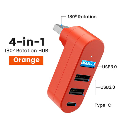 Elough Mini 180° Rotatable 4 Ports USB 3.0 2.0 Hub Type C High Speed Data Transfer U Disk Splitter Adapter For Laptop MacBook PC