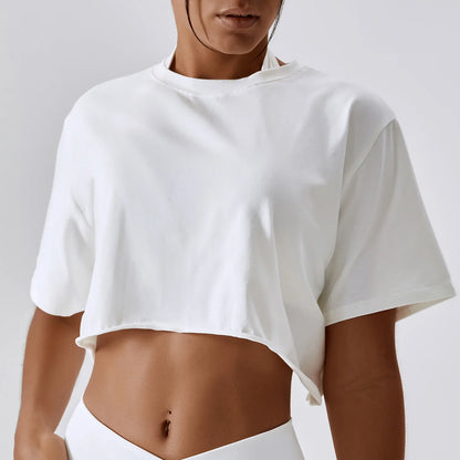 Casual T-Shirt Cotton Women Short Sleeve Dance Sports Running Clothes Yoga Fitness Crop Top Loose Gym Workout Shirts